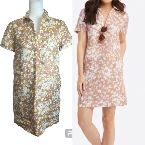 Draper James 100% Linen Mini Slip-Dress Women’s 2 Floral Biege Yellow Collared‎ - Picture 1 of 12